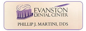 The image displays a logo with text that reads  EVANSTON DENTAL CENTER  at the top, followed by the name  PHILIP J. MARTIN DDS  below it. The logo features a stylized depiction of a toothbrush and a cupcake, suggesting a dental practice with a playful or family-friendly theme.