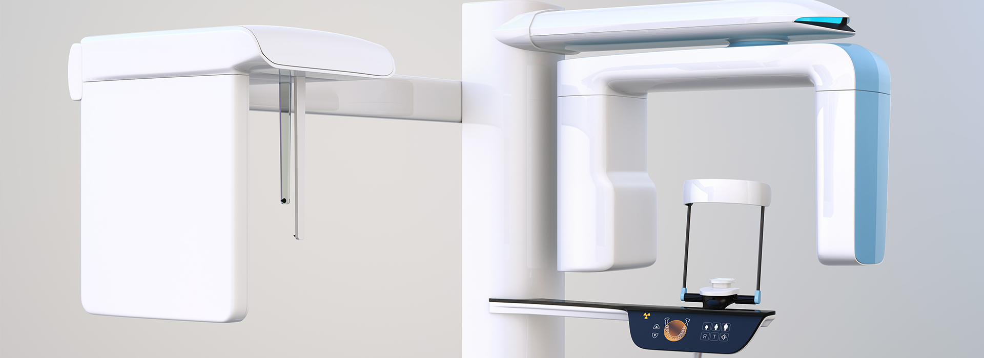 The image shows a modern dental office setup with a digital panoramic X-ray machine and a dental chair, indicating a high-tech environment for dental care.